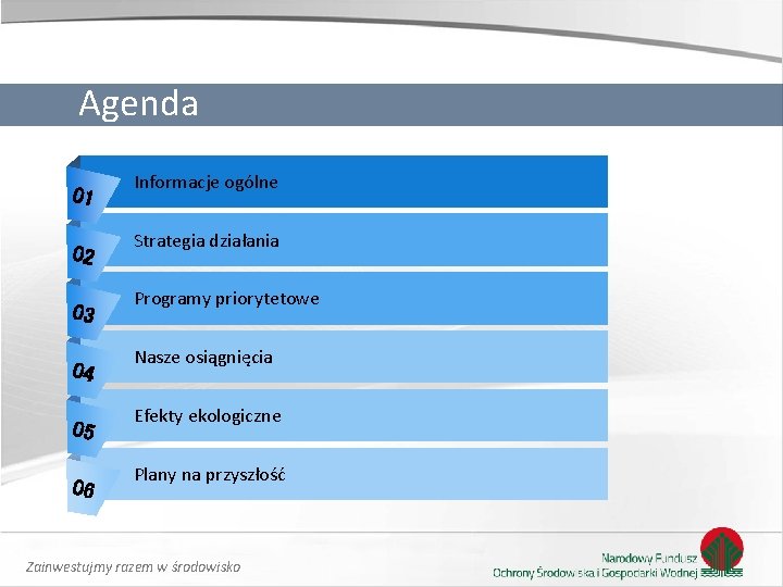 Agenda 01 02 03 04 05 06 Informacje ogólne Strategia działania Programy priorytetowe Nasze