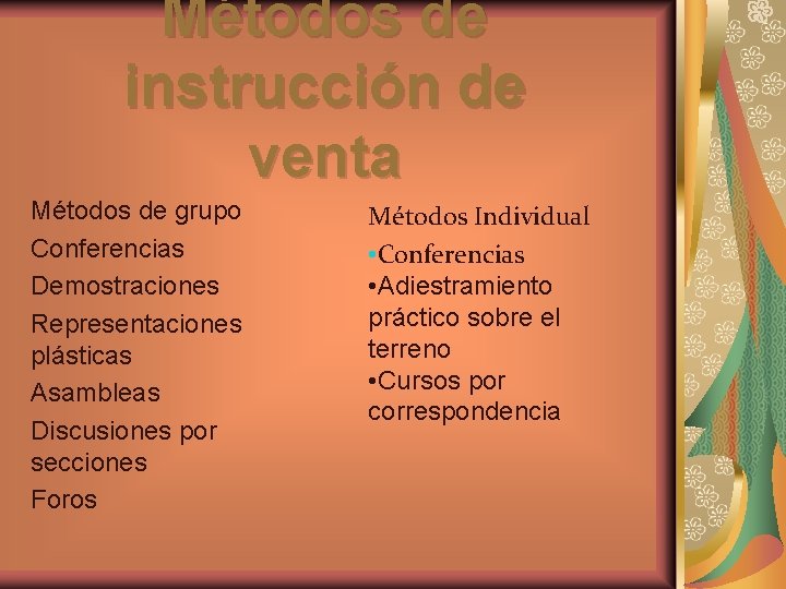 Métodos de instrucción de venta Métodos de grupo Conferencias Demostraciones Representaciones plásticas Asambleas Discusiones