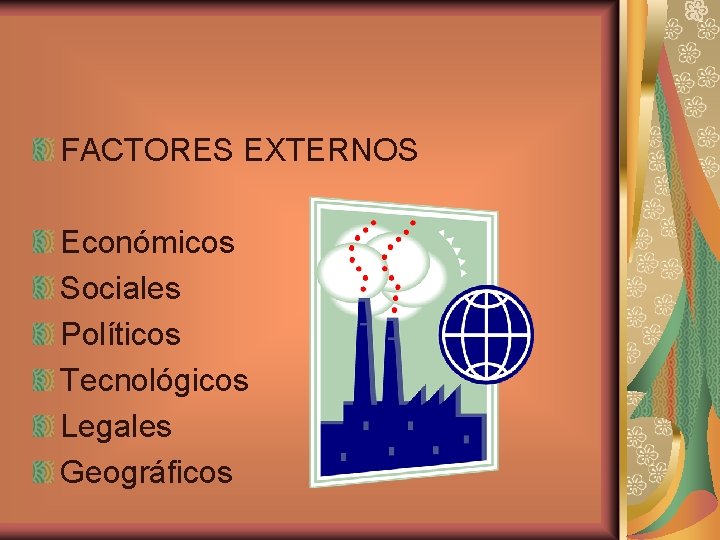 FACTORES EXTERNOS Económicos Sociales Políticos Tecnológicos Legales Geográficos 