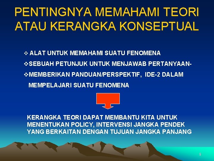 PENTINGNYA MEMAHAMI TEORI ATAU KERANGKA KONSEPTUAL v ALAT UNTUK MEMAHAMI SUATU FENOMENA v. SEBUAH