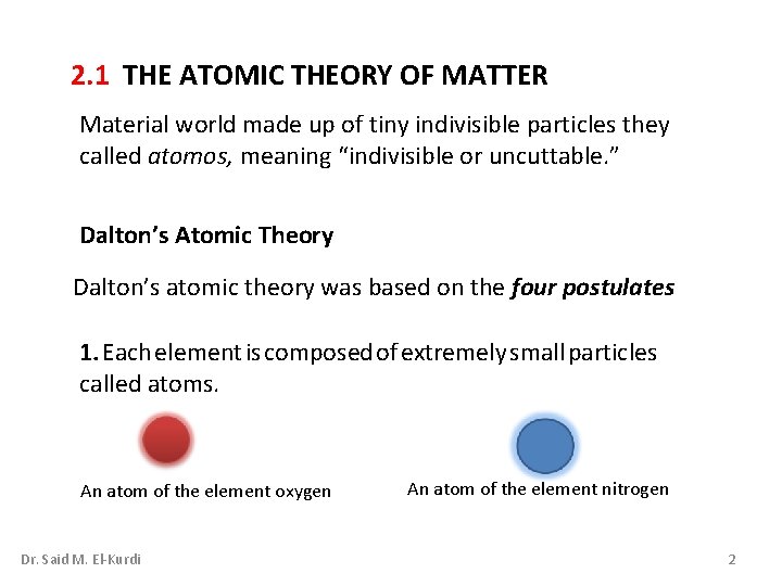 2. 1 THE ATOMIC THEORY OF MATTER Material world made up of tiny indivisible 2. 1 THE ATOMIC THEORY OF MATTER Material world made up of tiny indivisible