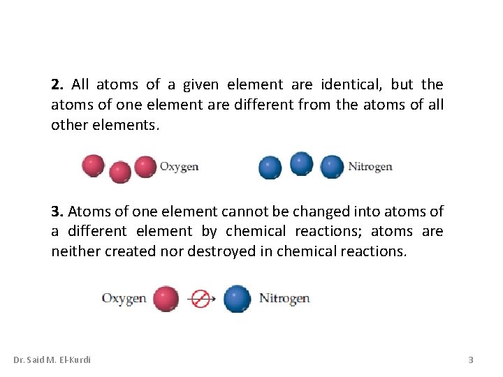 2. All atoms of a given element are identical, but the atoms of one 2. All atoms of a given element are identical, but the atoms of one