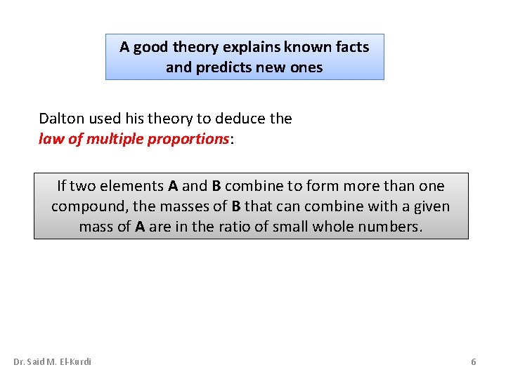 A good theory explains known facts and predicts new ones Dalton used his theory A good theory explains known facts and predicts new ones Dalton used his theory