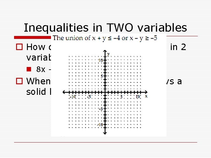 Inequalities in TWO variables o How do you graph an inequality in 2 variables?