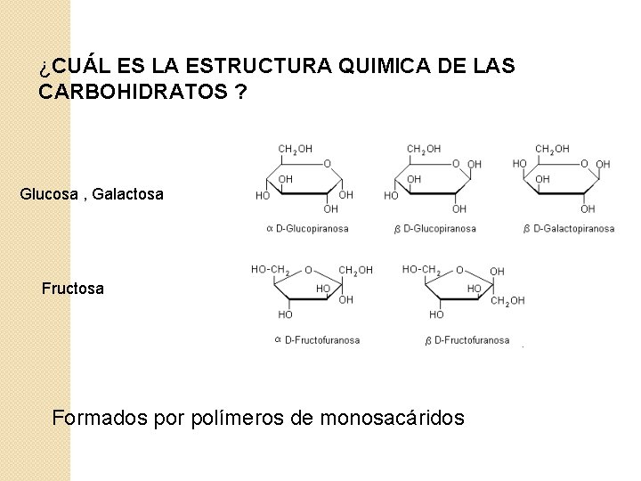 ¿CUÁL ES LA ESTRUCTURA QUIMICA DE LAS CARBOHIDRATOS ? Glucosa , Galactosa Fructosa Formados