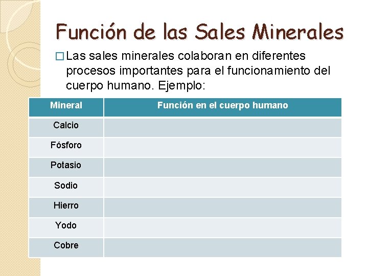 Función de las Sales Minerales � Las sales minerales colaboran en diferentes procesos importantes