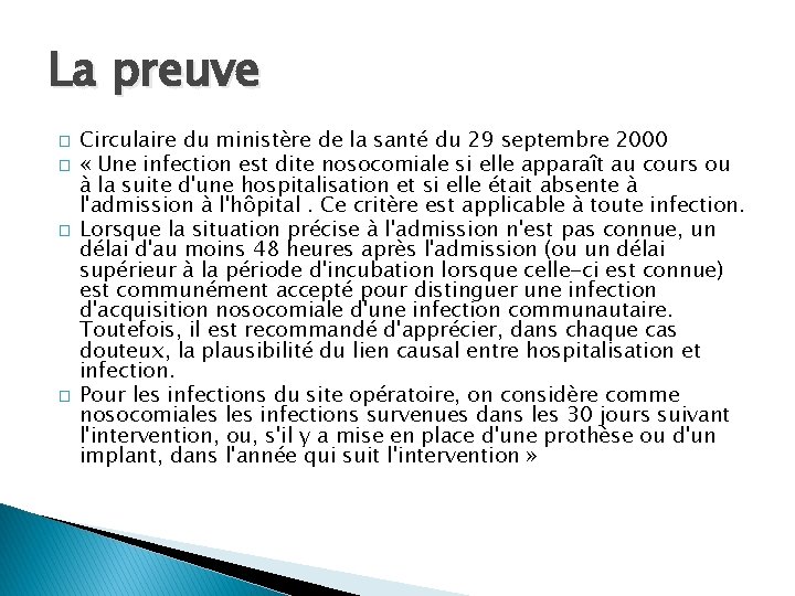 La preuve � � Circulaire du ministère de la santé du 29 septembre 2000