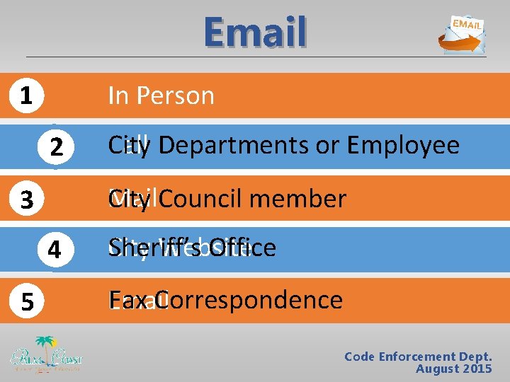 Email In Person 1 2 Mail. Council member City 3 4 5 City Call