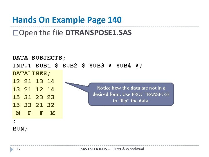 Hands On Example Page 140 �Open the file DTRANSPOSE 1. SAS DATA SUBJECTS; INPUT