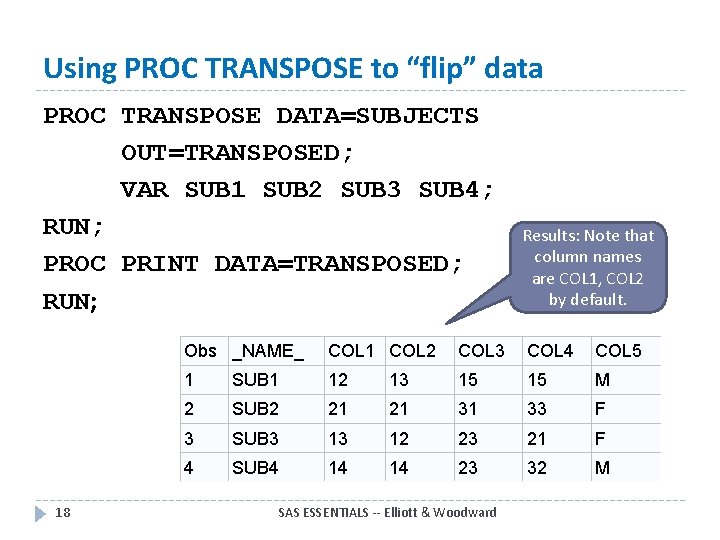 Using PROC TRANSPOSE to “flip” data PROC TRANSPOSE DATA=SUBJECTS OUT=TRANSPOSED; VAR SUB 1 SUB