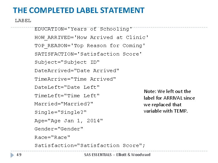 THE COMPLETED LABEL STATEMENT LABEL EDUCATION='Years of Schooling' HOW_ARRIVED='How Arrived at Clinic' TOP_REASON='Top Reason