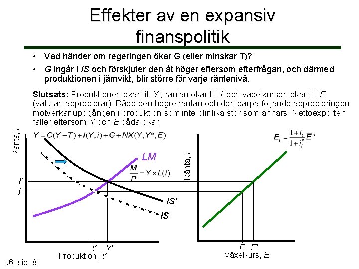 Effekter av en expansiv finanspolitik • Vad händer om regeringen ökar G (eller minskar