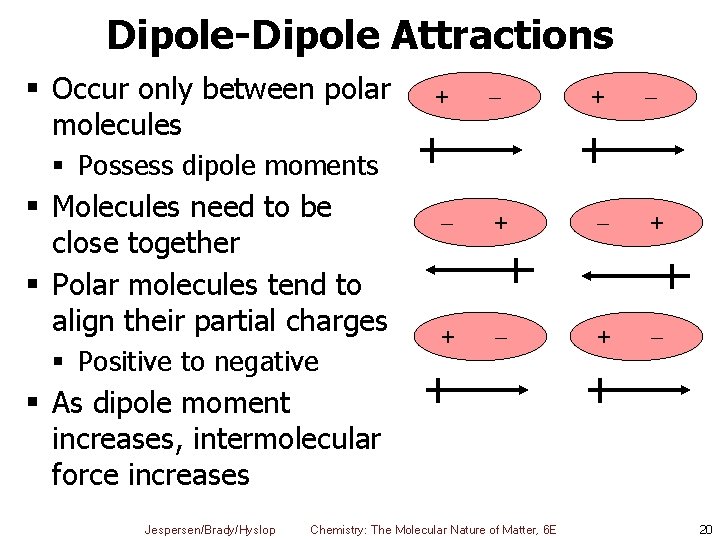 Dipole-Dipole Attractions § Occur only between polar molecules + + + + § Possess