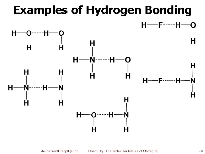 Examples of Hydrogen Bonding Jespersen/Brady/Hyslop Chemistry: The Molecular Nature of Matter, 6 E 24