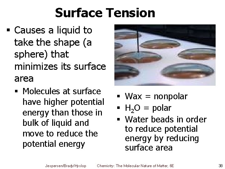 Surface Tension § Causes a liquid to take the shape (a sphere) that minimizes