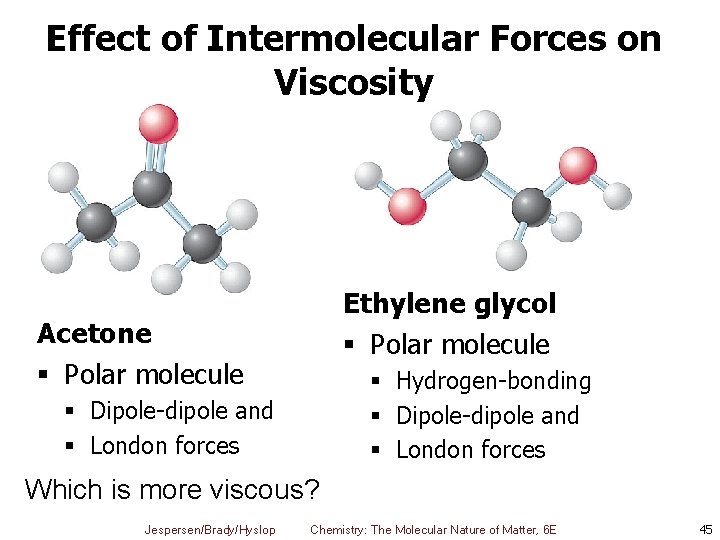 Effect of Intermolecular Forces on Viscosity Ethylene glycol § Polar molecule Acetone § Polar