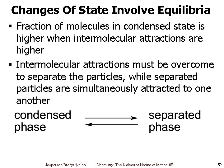 Changes Of State Involve Equilibria § Fraction of molecules in condensed state is higher