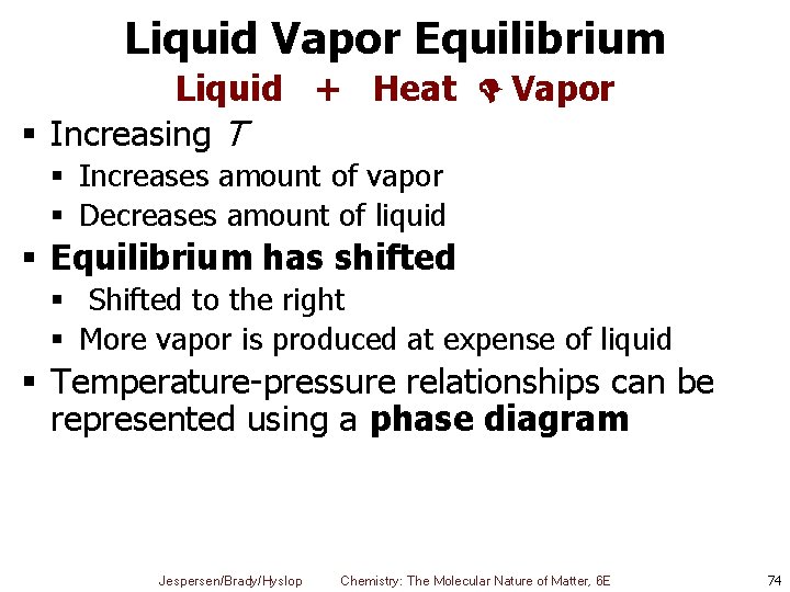 Liquid Vapor Equilibrium Liquid + Heat Vapor § Increasing T § Increases amount of