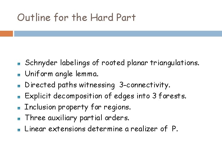 Outline for the Hard Part Schnyder labelings of rooted planar triangulations. Uniform angle lemma.