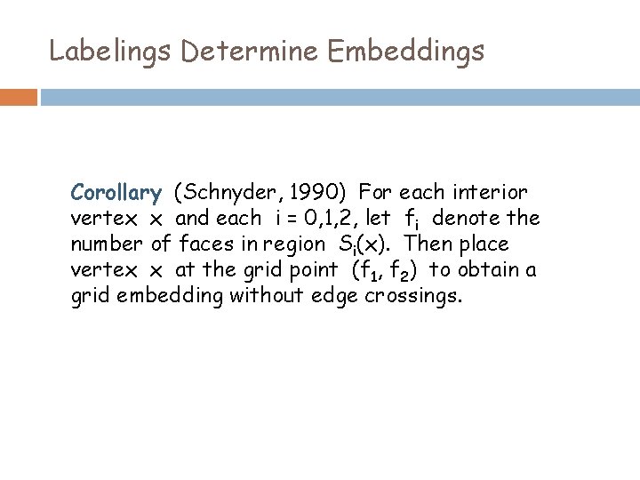 Labelings Determine Embeddings Corollary (Schnyder, 1990) For each interior vertex x and each i