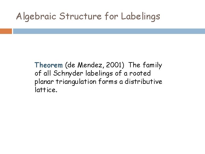 Algebraic Structure for Labelings Theorem (de Mendez, 2001) The family of all Schnyder labelings