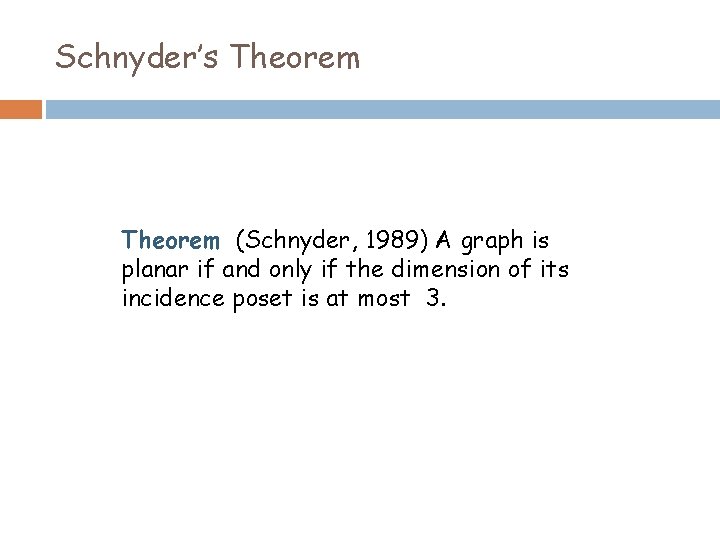 Schnyder’s Theorem (Schnyder, 1989) A graph is planar if and only if the dimension