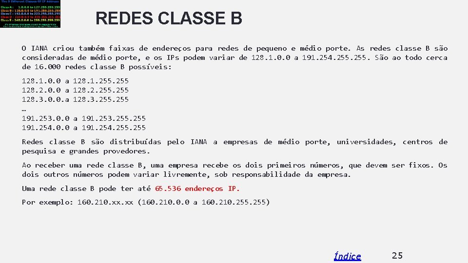 REDES CLASSE B O IANA criou também faixas de endereços para redes de pequeno