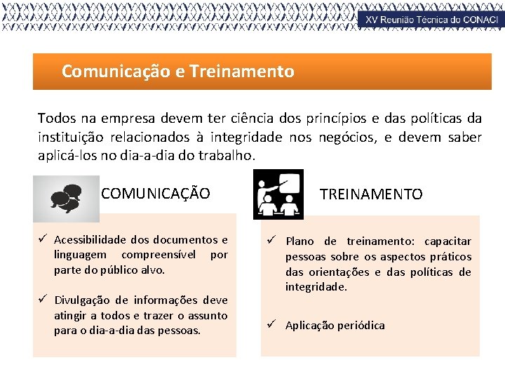 Comunicação e Treinamento Todos na empresa devem ter ciência dos princípios e das políticas