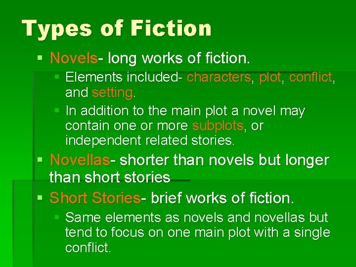 Types of Fiction § Novels- long works of fiction. § Elements included- characters, plot,