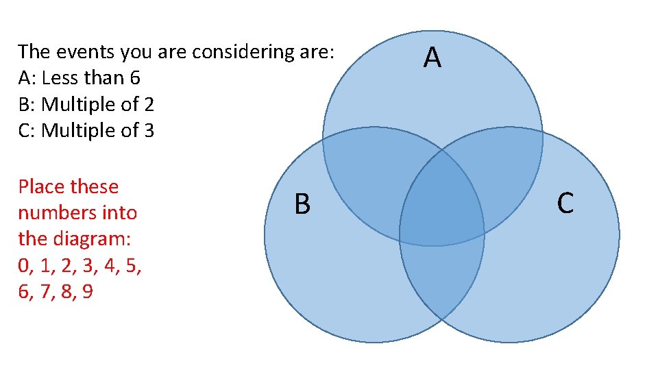 The events you are considering are: A: Less than 6 B: Multiple of 2