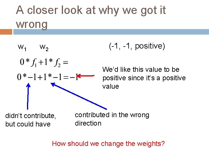 A closer look at why we got it wrong w 1 (-1, positive) w