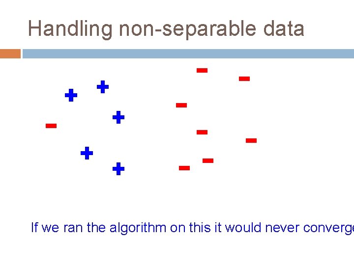 Handling non-separable data If we ran the algorithm on this it would never converge