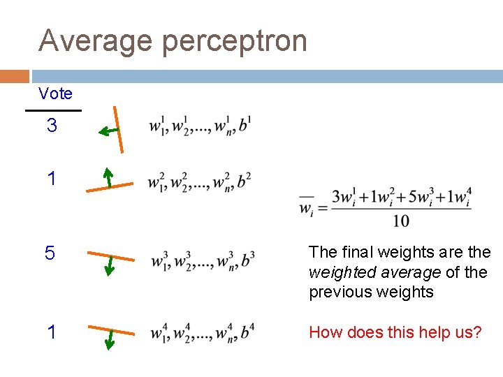 Average perceptron Vote 3 1 5 The final weights are the weighted average of