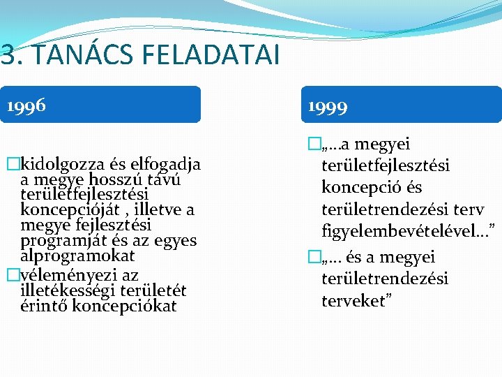 3. TANÁCS FELADATAI 1996 1999 �kidolgozza és elfogadja a megye hosszú távú területfejlesztési koncepcióját