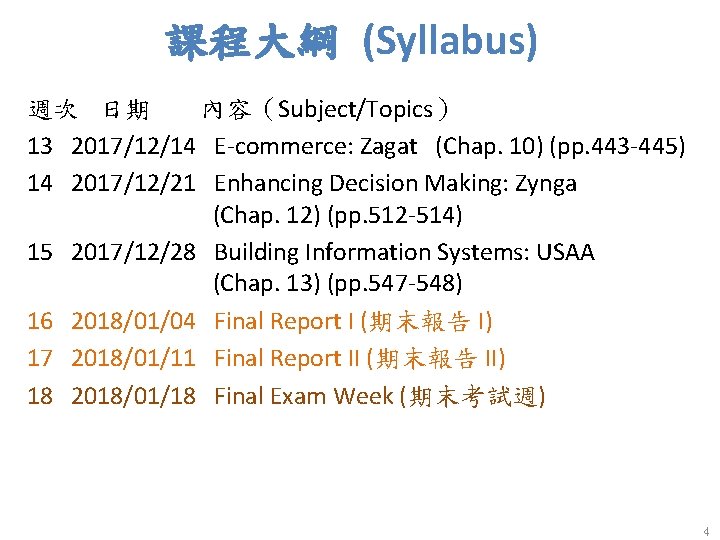 課程大綱 (Syllabus) 週次 日期 內容（Subject/Topics） 13 2017/12/14 E-commerce: Zagat (Chap. 10) (pp. 443 -445)