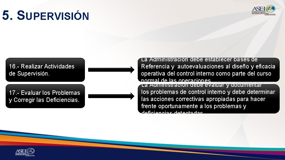 5. SUPERVISIÓN 16. - Realizar Actividades de Supervisión. 17. - Evaluar los Problemas y