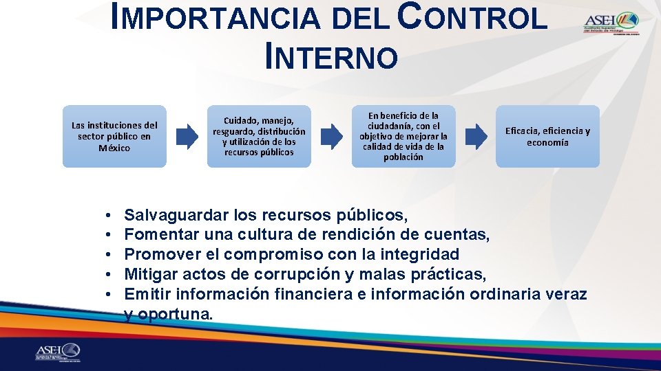 IMPORTANCIA DEL CONTROL INTERNO Las instituciones del sector público en México • • •