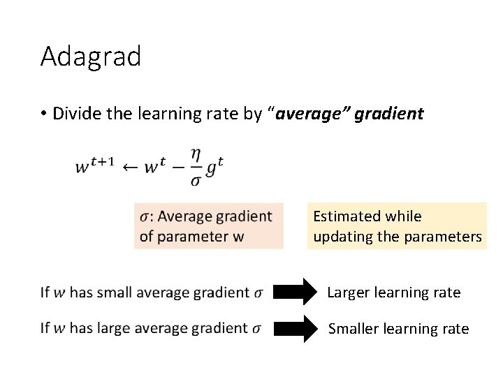 Adagrad • Divide the learning rate by “average” gradient Estimated while updating the parameters
