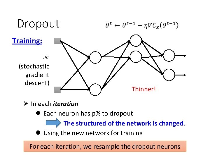 Dropout Training: (stochastic gradient descent) Thinner! Ø In each iteration l Each neuron has