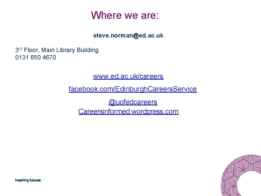 Where we are: steve. norman@ed. ac. uk 3 rd Floor, Main Library Building 0131