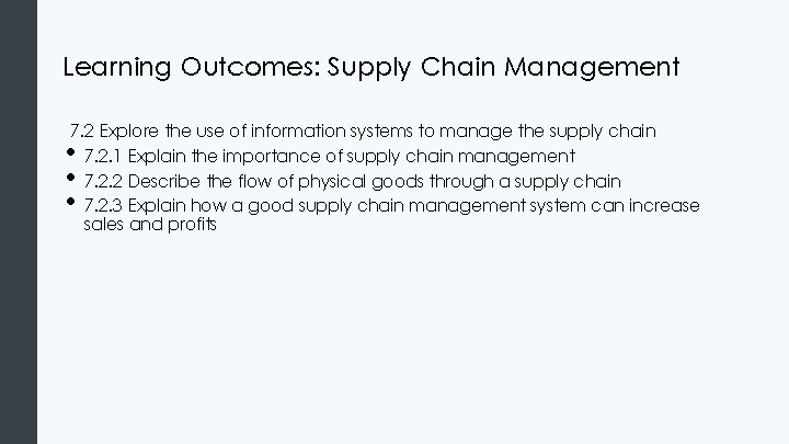 Learning Outcomes: Supply Chain Management 7. 2 Explore the use of information systems to