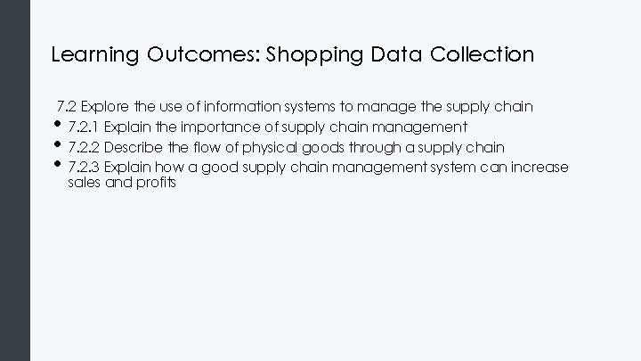 Learning Outcomes: Shopping Data Collection 7. 2 Explore the use of information systems to