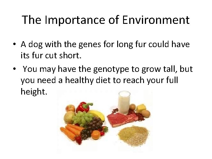 The Importance of Environment • A dog with the genes for long fur could