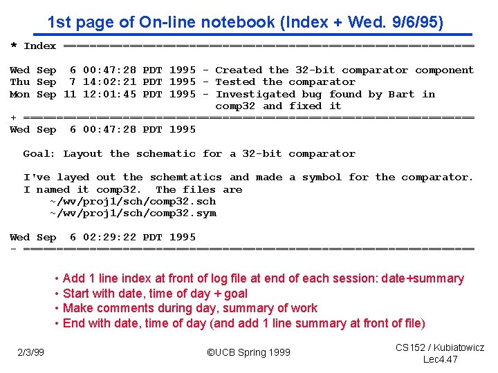 1 st page of On line notebook (Index + Wed. 9/6/95) * Index ===============================
