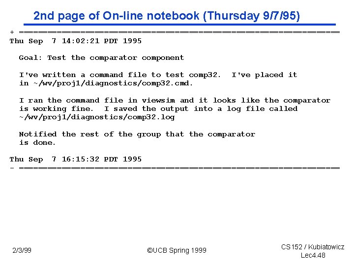 2 nd page of On line notebook (Thursday 9/7/95) + ================================== Thu Sep 7