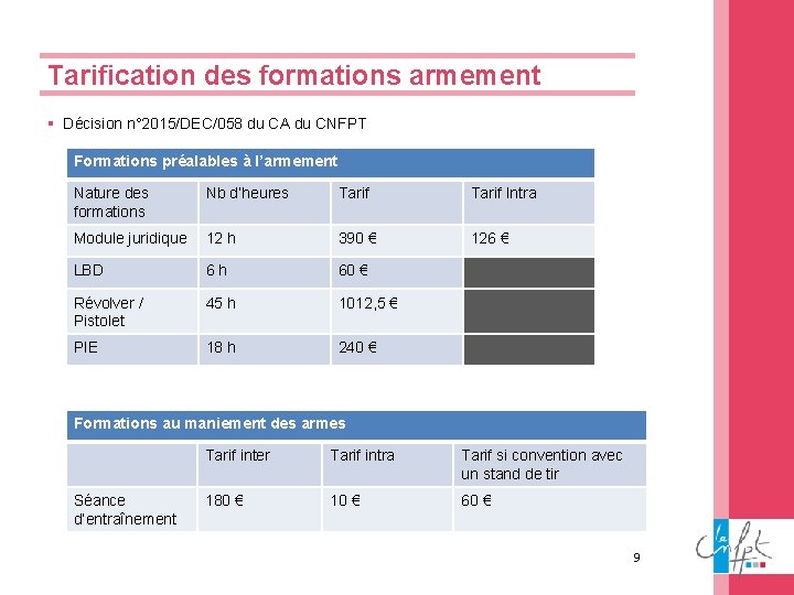 Tarification des formations armement § Décision n° 2015/DEC/058 du CA du CNFPT Formations préalables