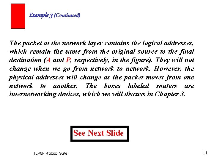 Example 3 (Continued) The packet at the network layer contains the logical addresses, which