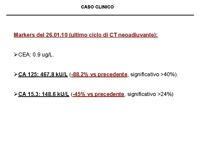CASO CLINICO Markers del 26. 01. 10 (ultimo ciclo di CT neoadiuvante): ØCEA: 0.