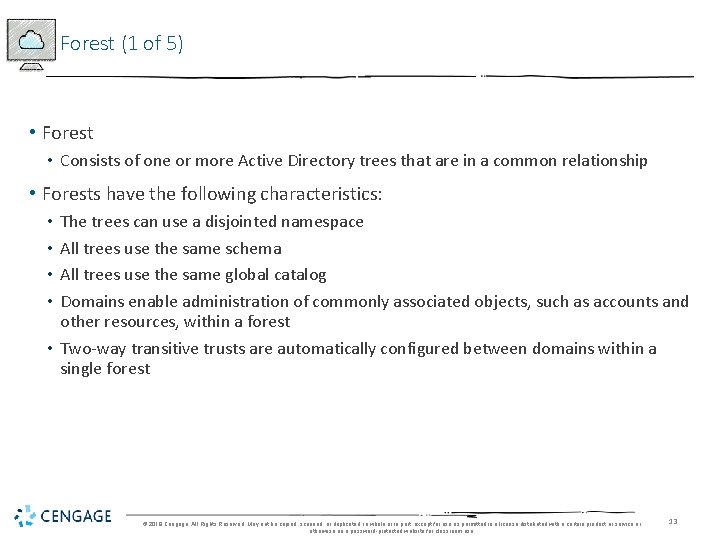 Forest (1 of 5) • Forest • Consists of one or more Active Directory