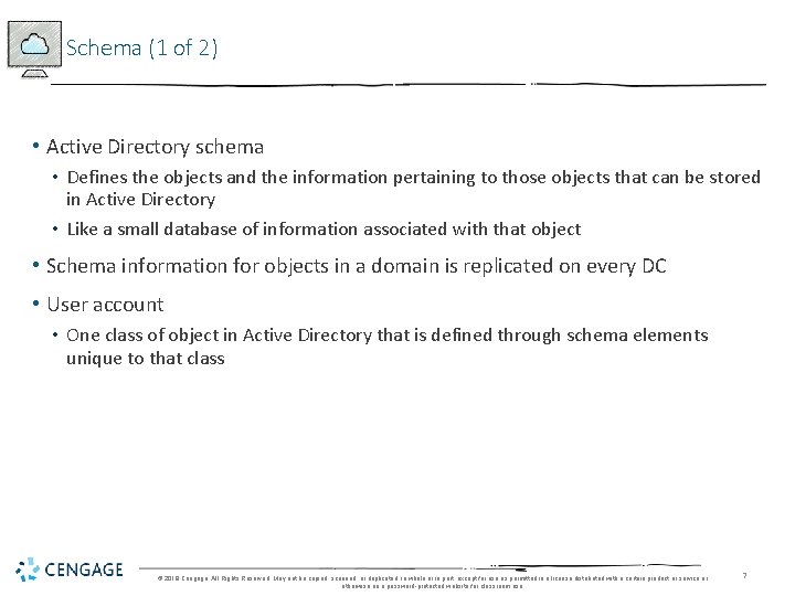 Schema (1 of 2) • Active Directory schema • Defines the objects and the